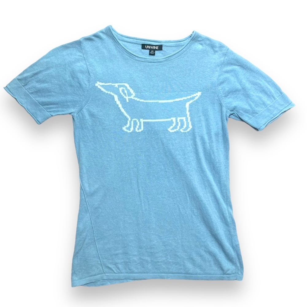 Weiner Dog Sweater Short Sleeve Blue Linen Blend